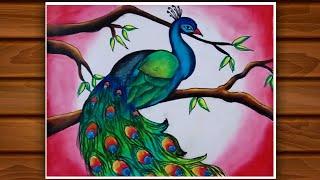 How to draw a Peacock / Beautiful Peacock drawing with beautiful Nature / Nature drawing beautiful