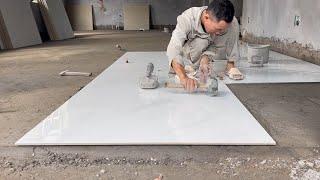 Professional Construction Workers // Building & Install Ceramic Tiles For Living Room Floor