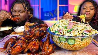 STICKY AIR FRIED WINGS + PASTA SALAD!!! | HASHTAG THE CANNONS | MUKBANG EATING SHOW!!