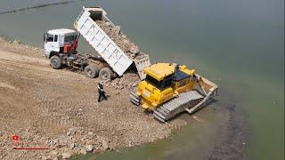 Wonderful Bulldozer Push Rock Special Activities Building Road In Water Stronger Machinery