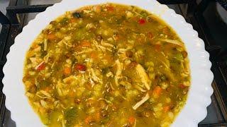 سوپ مرغ با گندوم و عدس و سبزیجات معطر chicken soup recipe with wheat and vegetables