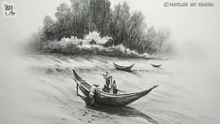 Fisher Man With Boats In Afternoon Scenery Art || PAINTLANE Pencil Sketches