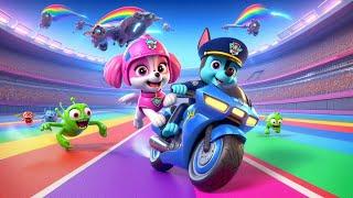 Police Chase And Skye Are Chased By Green Toad Monster On The Race TrackVery Funny Story - Rainbow