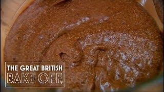 How to fold sponge mix for chocolate roulade with Mary Berry Pt 2 | The Great British Bake Off