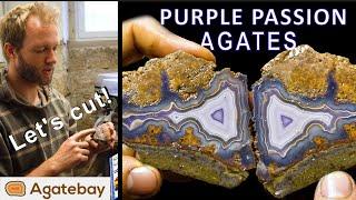 Cutting 2 extremly rare Purple Passion Agates/ Amazing colors and bands! -4K-