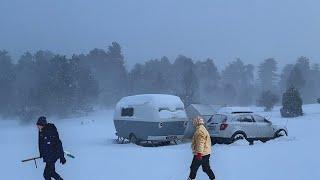 5-DAY CAMPING IN A SNOW STORM | Caravan Tire Burst