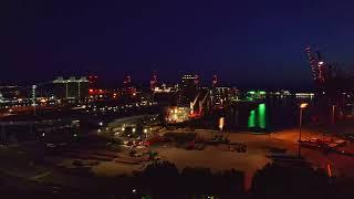 Automated Drone Flight of Gladstone Docks Shipping Containers At Night In Liverpool