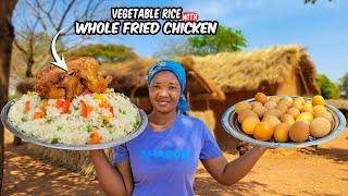 #cooking  And Eating In An African Village: Delicious Fried Vegetables Rice With Whole Fried Chicken