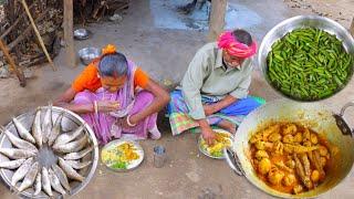 Small Fish curry and Vegetables fry cooking & eating by santali tribe old couple