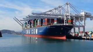 Ferry Ride View. CMA CGM Thalassa Container Ship, Port of Oakland, CA.