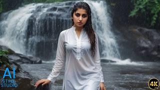 Pakistani AI Beauty in Wet Shalwar Kameez by a Majestic Waterfall