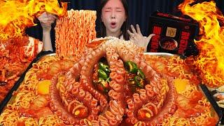 [Mukbang ASMR] Giant Octopus & Spicy Korean Ramen with Kimbap Seafood Recipe Ssoyoung