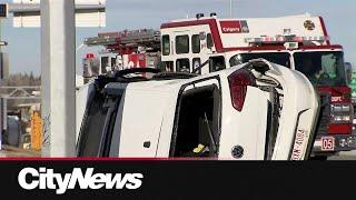 Crash involving school bus, flipped SUV in SW Calgary