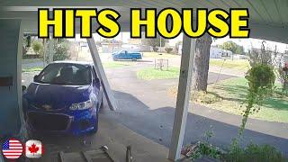 Car Runs Stop Sign, Clips Truck, Hits House