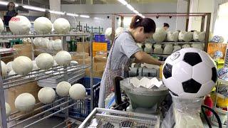 The mass production process of a $28 hot-glued soccer ball and an $8 stitched soccer ball