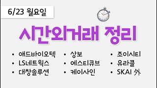 오늘 장마감 후 시간외거래 종목 정리: 애드바이오텍, 상보, LS네트웍스, 대창솔루션, 에스티큐브, 케이사인, 조이시티, 유라클, SKAI