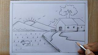 Paddy field with Farmer Scenery drawing| Village scenery drawing| How to draw easy scenery