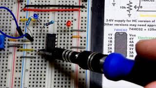 7402 74HC02 quad 2 input NOR logic gate integrated circuit demonstration using LEDs by electronzap