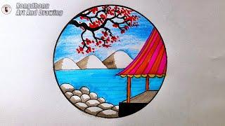 Peaceful Scenery Drawing with Cherry Blossom and Lake View | Rongdhonu Art