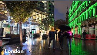 Rainy London Day | Christmas Lights | London Walking Tour 4K