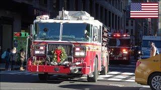 FDNY Ladder 24 + Engine 1's fire trucks responding with horn, siren and lights