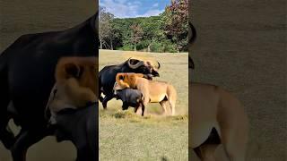 The old ox, intent on protecting its calf, threw the lion about, causing the lion to howl loudly.