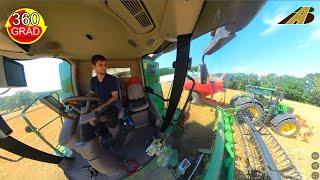 360 Grad Blick - Mähdrescher John Deere S785i & Traktor Interior driver's cabin Combine Harvester