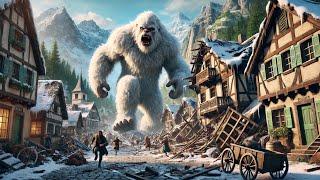 The Yeti comes out of the cave  and chases the villagers