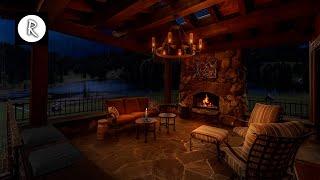  Cozy Porch Ambience 8K | Crackling Fireplace, Rain & Thunder Sounds - Outside