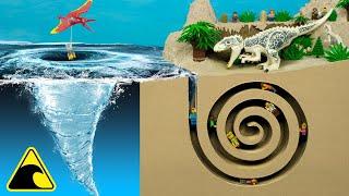 Dinosaur Explorers Trapped in Spiral Cave | Water Vortex Dam Breach Experiment | Lego Flood Disaster