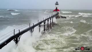 50+ MPH Winds Huge Storm Surge & Waves Michigan City lighthouse! Drone 4K Beaches GONE!