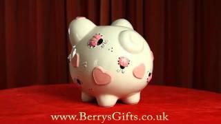 Extra Large Embossed Ceramic Piggy Bank - Pink LadyBirds