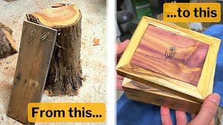 Making a Box with Cedar Inlay and a Hidden Hinge Using Scrap Wood and a Log