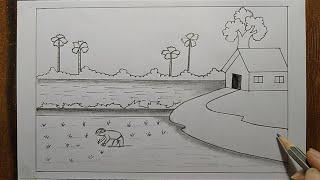 Paddy field with farmer easy scenery drawing| village drawing| Pencil drawing