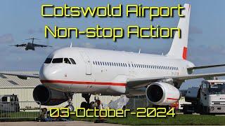 Non-stop action at Cotswold Airport 01-Oct-2024, Airbus arrival, C17 circuits and Vampire flight