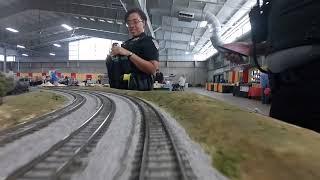 Model train cab ride. Santa Fe All The Way Modular Layout. OKC Train Show, November 2022