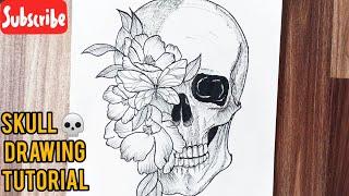 How to draw a skull with flowers || Skull drawing || Tattoo drawing tutorial