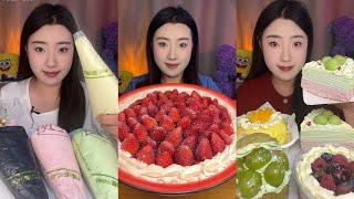 ASMR Eating Desserts ( crepe, strrawberry cream Cakes, soft ) chewy sounds Satisfying Mukbang