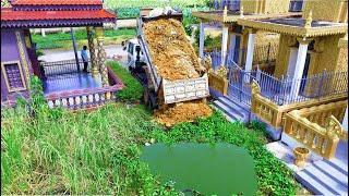 Start New Project!5TDump Truck Fillingland Flooded Area In Pagoda,Bulldozer D20PKOMATSU Pushing Soil