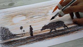 SUNSET DRAWING - FARMER AND CARABAO / PEN SKETCH #Shorts