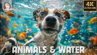 CUTE ANIMALS Playing in Water 4K(60FPS) |  Relax with JAZZ MUSIC - STREAM FOREST Sound