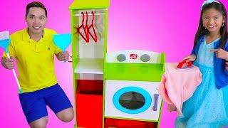 Wendy Pretend Play CLEANING with her Giant Washing Machine & Cleaning Toys