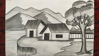 House Scenery Drawing Easy | Village Scenery Drawing Easy | Ghar ka Drawing Kaise Banaen