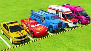 POLICE CARS, AMBULANCE EMERGENCY, FIRE BRIGADE TRANSPORTING WITH TRUCKS ! FS22