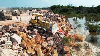 Part 48| Unstoppable!!! Powerful Dozer Push Rock Move To Water Leveling The Ground| Dozer Vs Rock