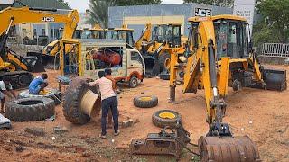 JCB 3DX All New Tyre Change by Mobile Vulcanizer and Door Ram change | Jcb Repair