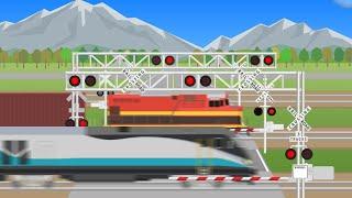 【踏切アニメ】アメリカのふみきりカンカンUS Railroad crossings & various trains