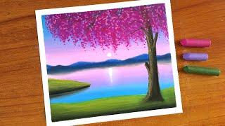 Oil Pastel Spring Scenery Painting for beginners | Oil Pastel Drawing Cherry Blossom