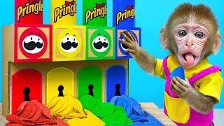 KiKi Monkey play Magic Challenge to take Colorful Pringles and eat with Duckling | KUDO ANIMAL KIKI