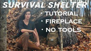 Building a Survival Shelter with a FIREPLACE, NO TOOLS•Overnight in the Woods•Full Tutorial